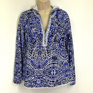 Lilly Pulitzer - Blue And White Geometric Long Sleeve Embroidered Hooded Top M